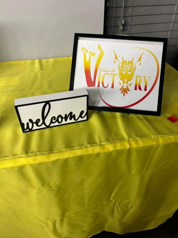 Vessels of Victory Welcome sign at Prayer Board Party 2025
